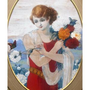 Jeune Femme Aux Fleurs Et Papillon, Art Déco, Art Nouveau, Gouache Sur Carton