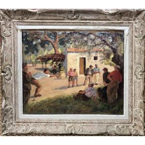 Claude Comte (1862-1948) Peintre Basque, Joueurs De Pétanque, Art Déco