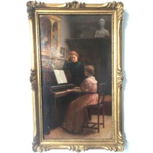 Etienne Azambre (1859-1935) The Piano Lesson, Oil On Wood, Late 19th Century