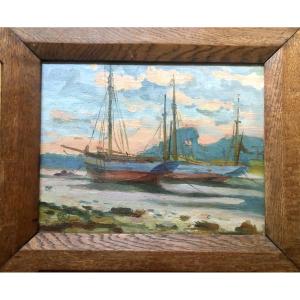 Ecole française 1920, Rivière de Pont Aven, Marine  monogrammé J.C
