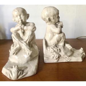 Deux bébés faunes en craquelée années 1930 signé Conill serres-livres