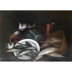 Nature Morte Espagnol XVIII siècle aux chats et poissons suiveur de Miguel Parra 