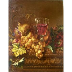 Still Life With Pomegranates, Strawberries And Grapes 19th Century, Oil On Wood
