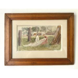 Luchon, 1920, Two Women In A Garden, Watercolor