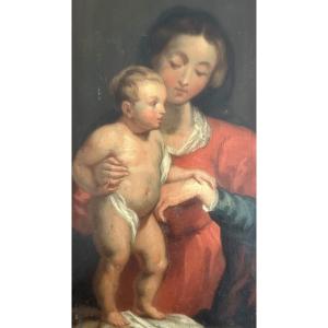 Madonna And Child, Oil On Wood, 17th Century