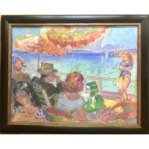 Suzanne Blanche Kaerling (1902–1985) By The Sea, Art Deco Pastel