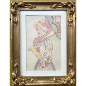 Ecole française, Dessin et aquarelle, Jeune femme à l'ombrelle Art Nouveau