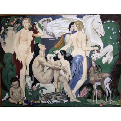 Scène Mythologique "la Voix De Pan" Gouache Des Années 1930