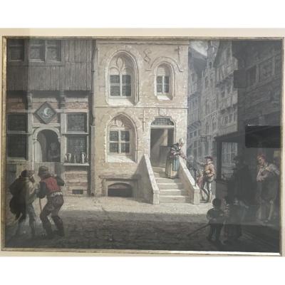Anker  LUND (1840-1922) Scène De Rue Hollandais 1857 Gouache