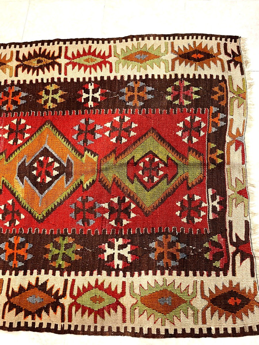 Tapis Kilim Turc Vintage 2x11 Pieds - Laine Tissée Main - Années 1970 - Motif Multicolore - Excellent état