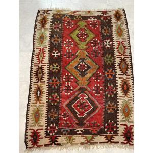 Tapis Kilim Turc Vintage 2x11 Pieds - Laine Tissée Main - Années 1970 - Motif Multicolore - Excellent état