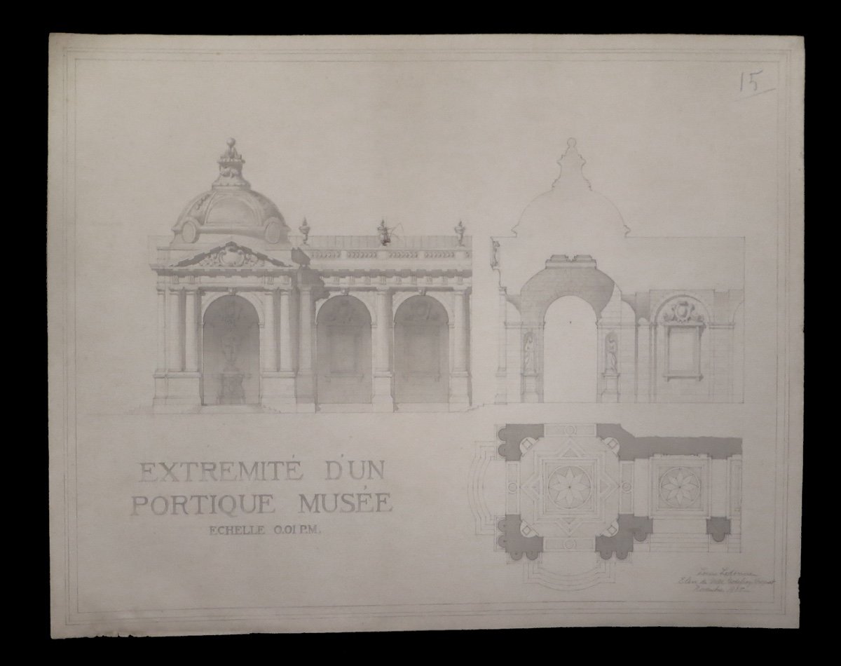Ledonne (louis) - [dessin d'Architecture à l'Encre :]  Extrémité Portique Musée. 1905.
