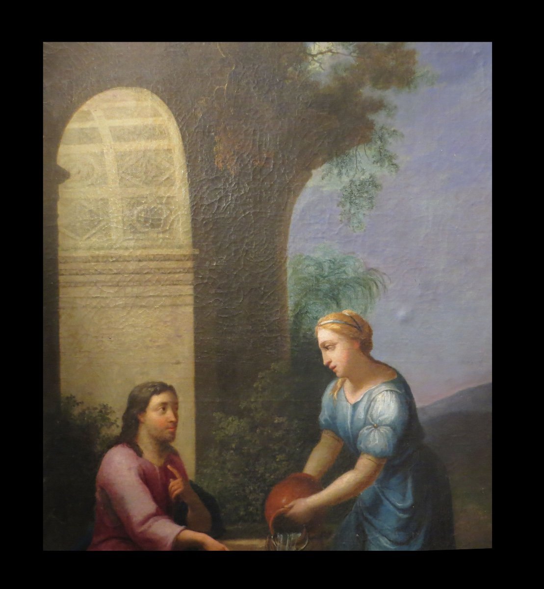 [bible Hst] Huile Sur Toile XIXème : Jésus Et La Samaritaine. 102 X 67 Cm.-photo-3