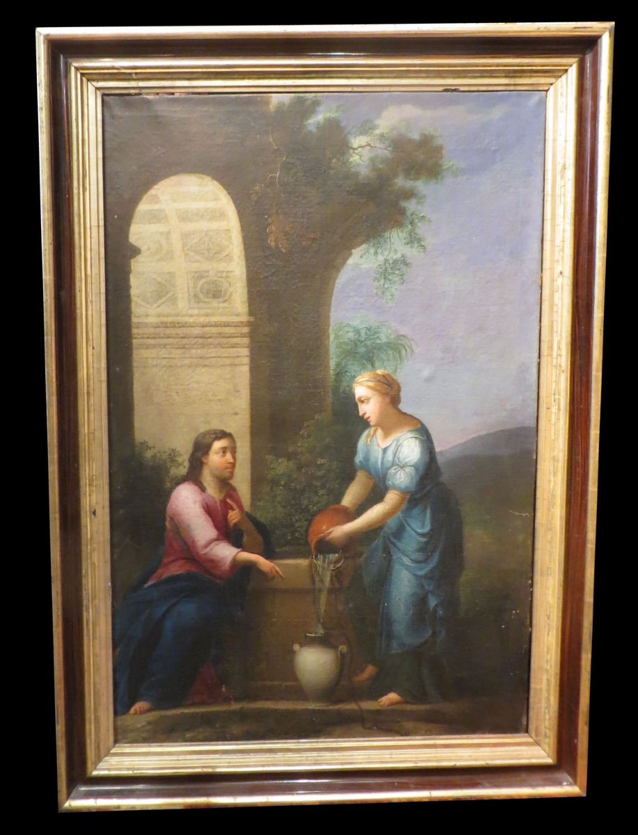 [bible Hst] Huile Sur Toile XIXème : Jésus Et La Samaritaine. 102 X 67 Cm.
