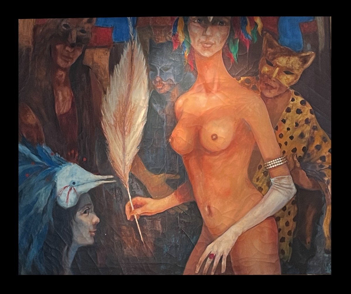[venezia Symbolism] Oil On Canvas; Signed: Venice Carnival. 120 X 120 Cm.-photo-2