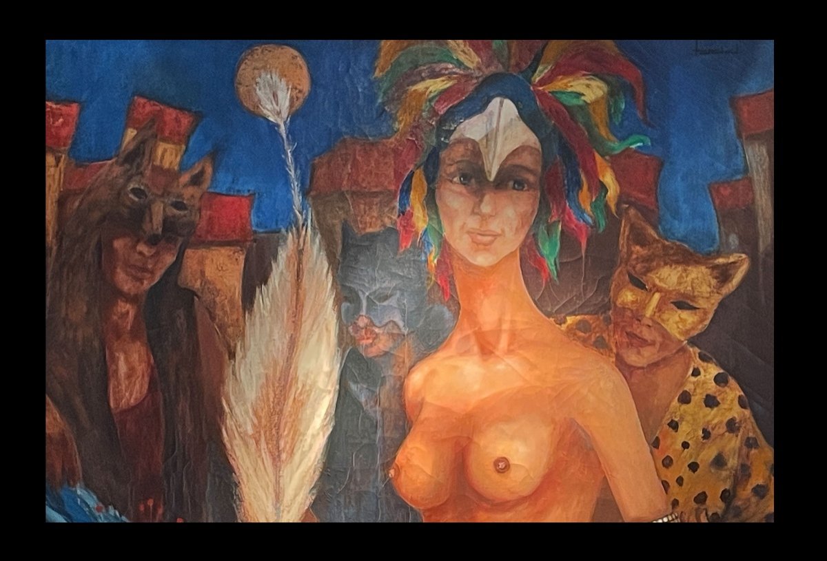 [venezia Symbolism] Oil On Canvas; Signed: Venice Carnival. 120 X 120 Cm.-photo-3