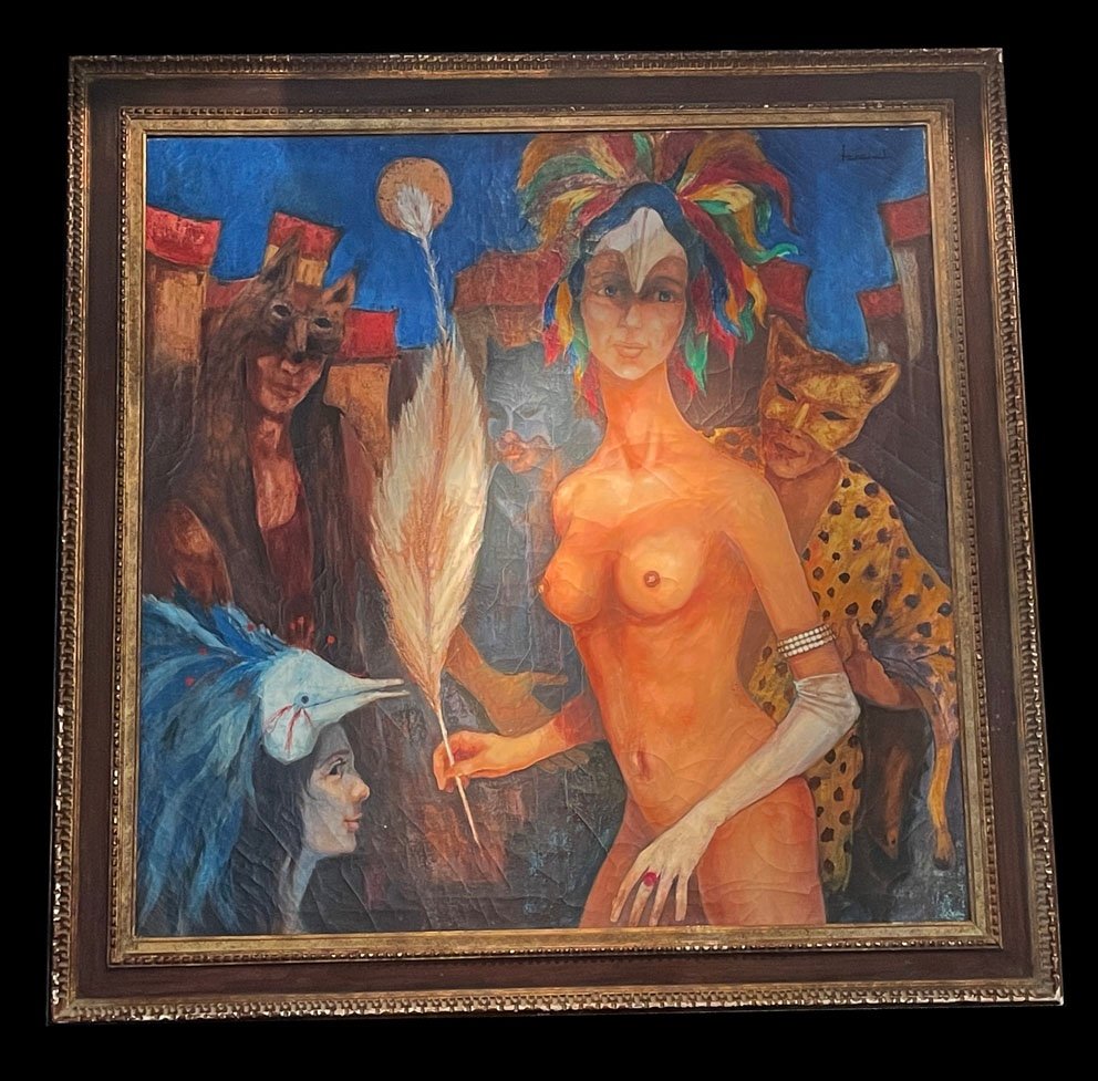 [venezia Symbolism] Oil On Canvas; Signed: Venice Carnival. 120 X 120 Cm.