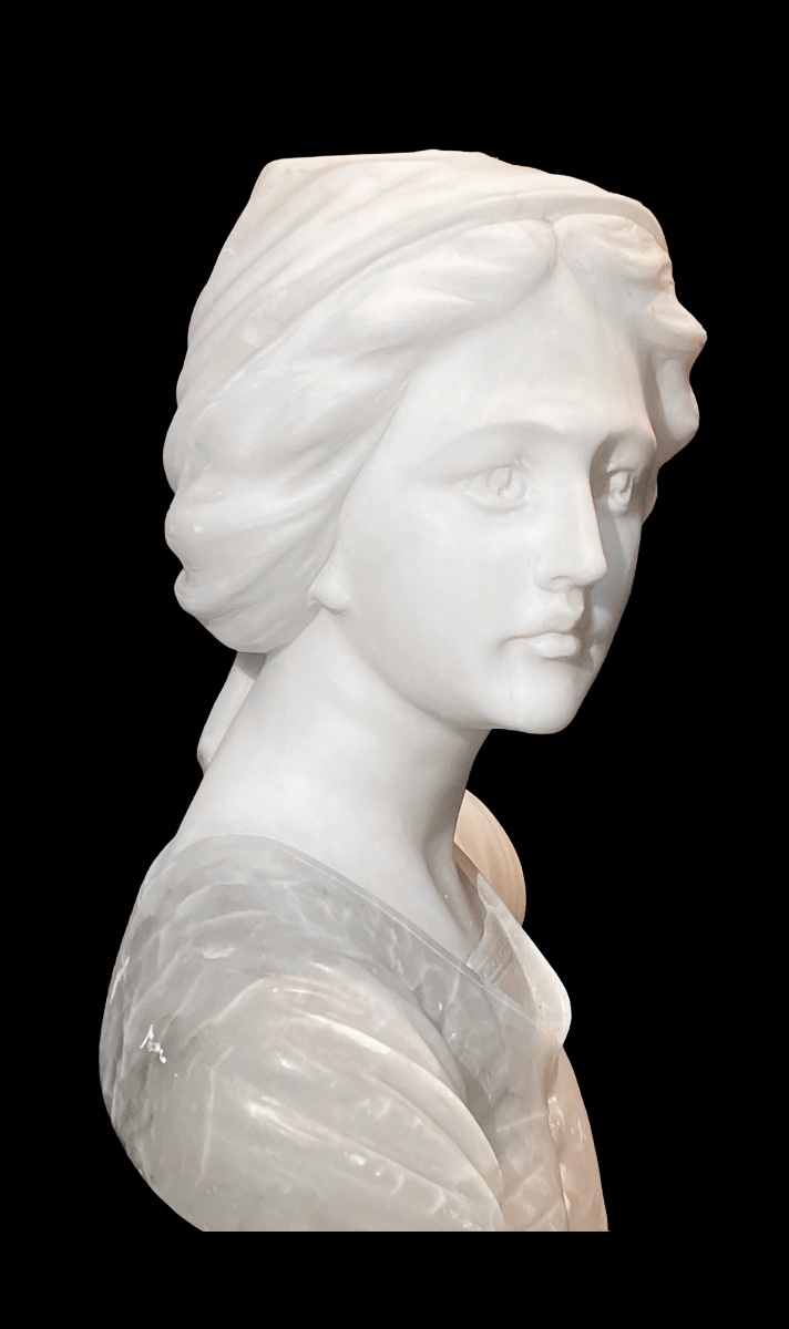 Vers 1900. Marbre et albâtre. Buste de jeune femme, altière et élégante.-photo-4