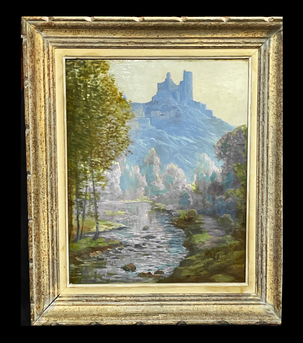 Première moitié XXème. Huile sur panneau : Vue du château de Najac (Aveyron). -photo-2