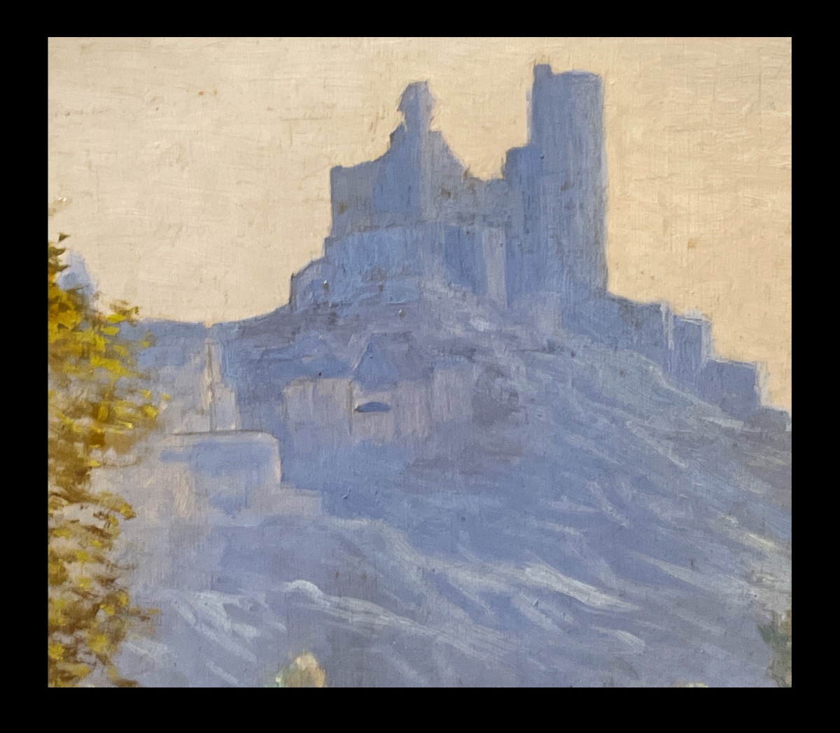 Première moitié XXème. Huile sur panneau : Vue du château de Najac (Aveyron). -photo-4