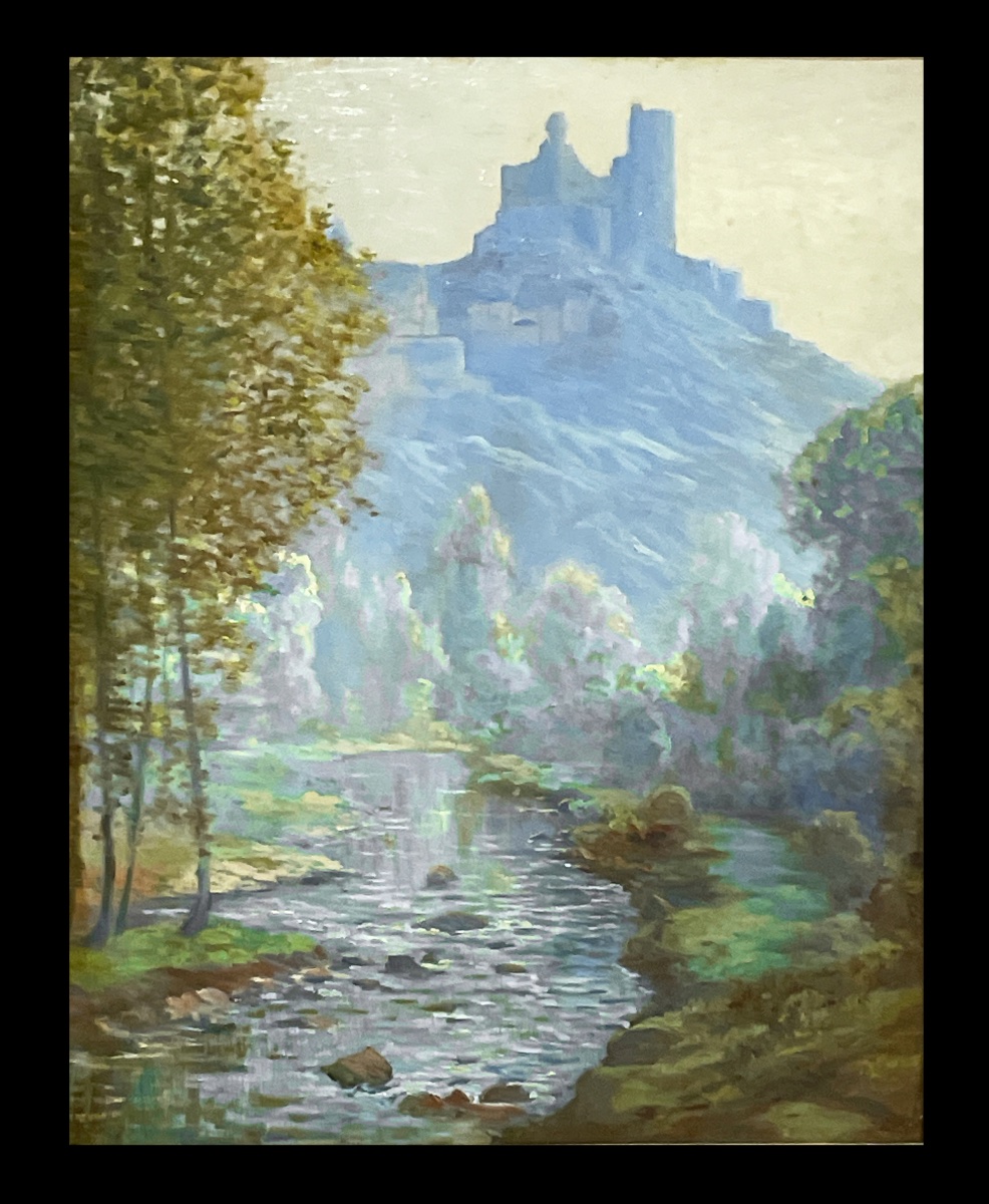 Première moitié XXème. Huile sur panneau : Vue du château de Najac (Aveyron). 