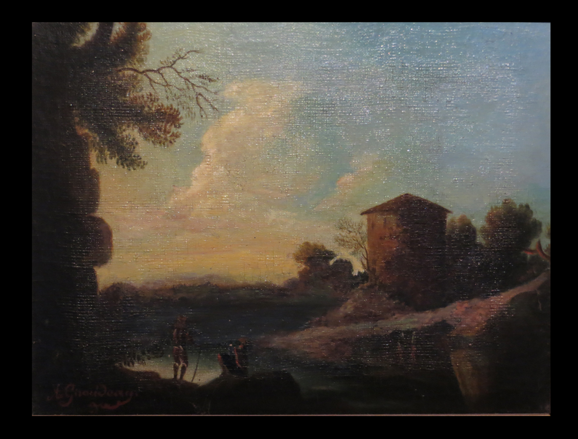 [italia?] [oil On Canvas Signed A. Giraudeau:] Lacustrine Landscape. C. 1830.