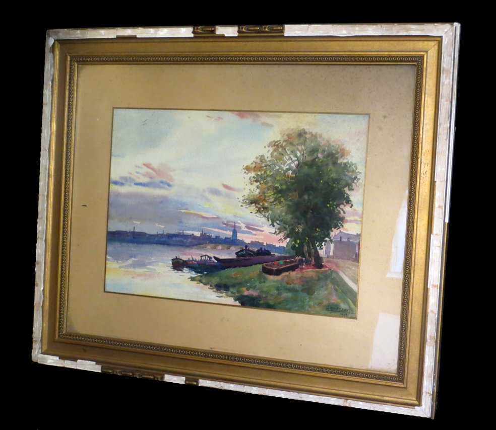 Perron (charles Clément) - Aquarelle Signée : Quais De Seine Ou De Loire. 1918.-photo-2