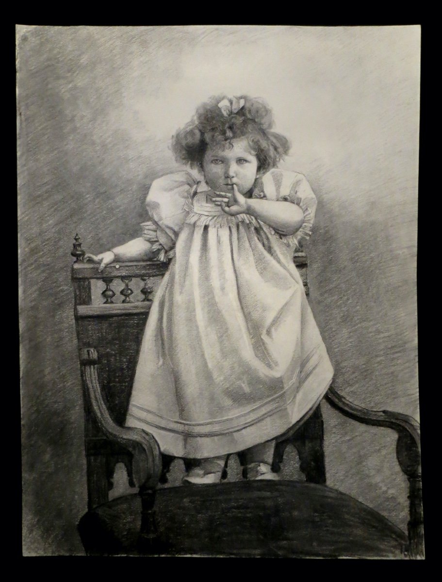 [child] Large Drawing Containing A Girl Perched On An Armchair.