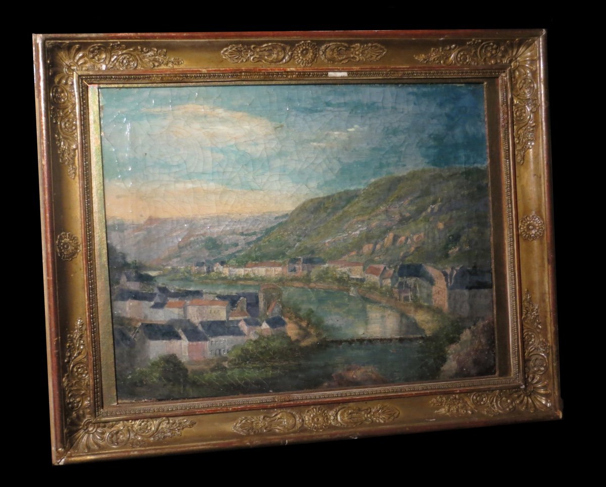 [huile Sur Toile XIXème / Hst] Vue d'Une Cité à Flanc De Collines.