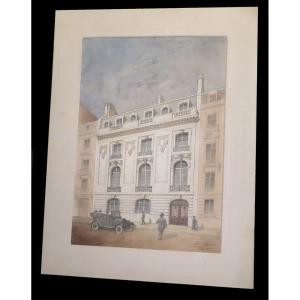 [paris Architecture Watercolor Drawing] Louis Ledonne - Facade Of A Parisian Building. 1910.