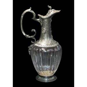 [Art Nouveau] GALLIA / CHRISTOFLE - Aiguière en cristal taillé et monture en métal argenté.