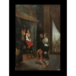 [belgium Antwerp Antwerpen] Oil On Panel: Hanging Scene. Antwerp School, 17th Century.