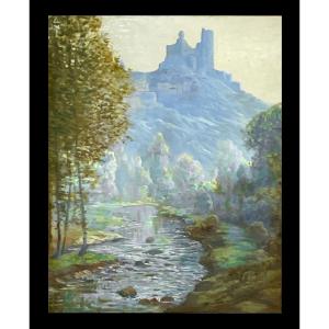 First Half Of The 20th Century. Oil On Panel: View Of Najac Castle (aveyron). 