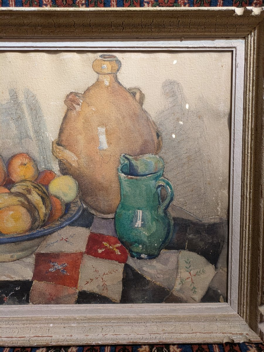 Still Life In Watercolor By Maxime Mont-reynaud, Mid-20th Century-photo-2