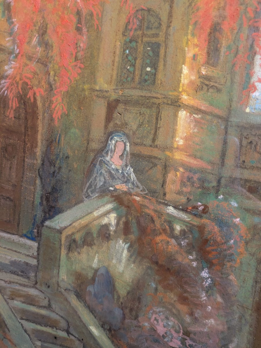Pastel "the Terrace Of Malborough" Proof Of A Decoration By Emile Bertin Early 20th Century-photo-3