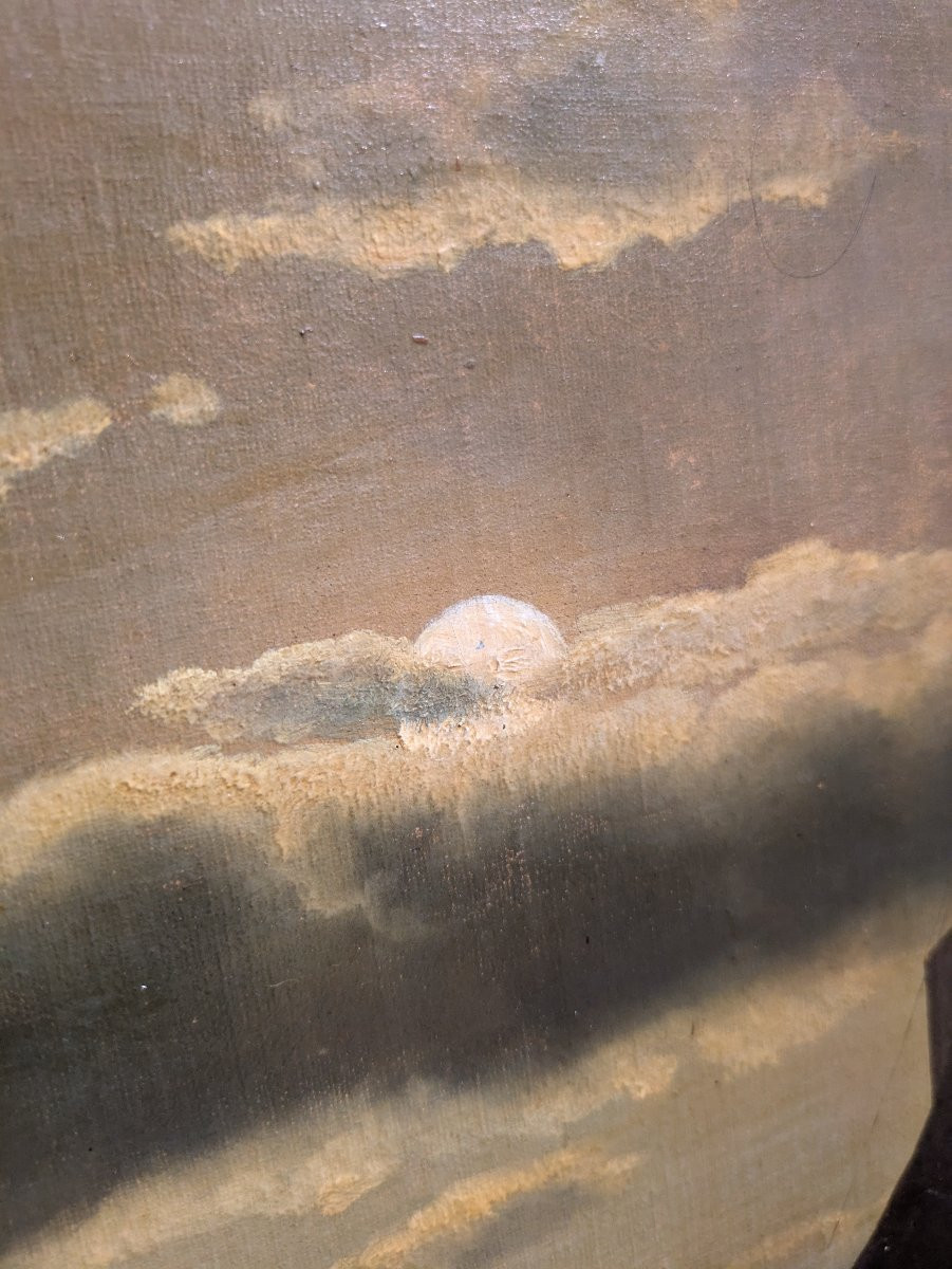 Oil On Canvas - 19th Century Dutch Marine "port In The Moonlight" By Théodor Genenger-photo-1