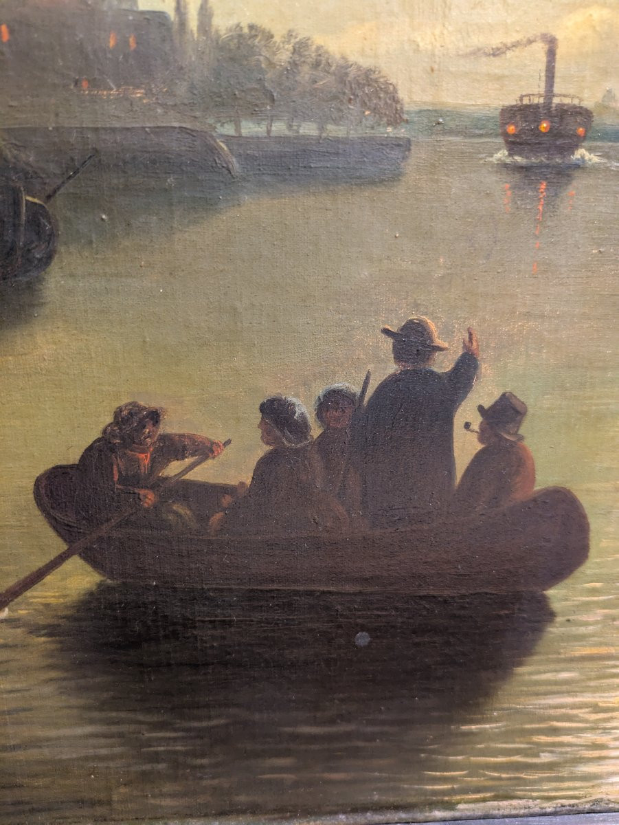 Oil On Canvas - 19th Century Dutch Marine "port In The Moonlight" By Théodor Genenger-photo-2
