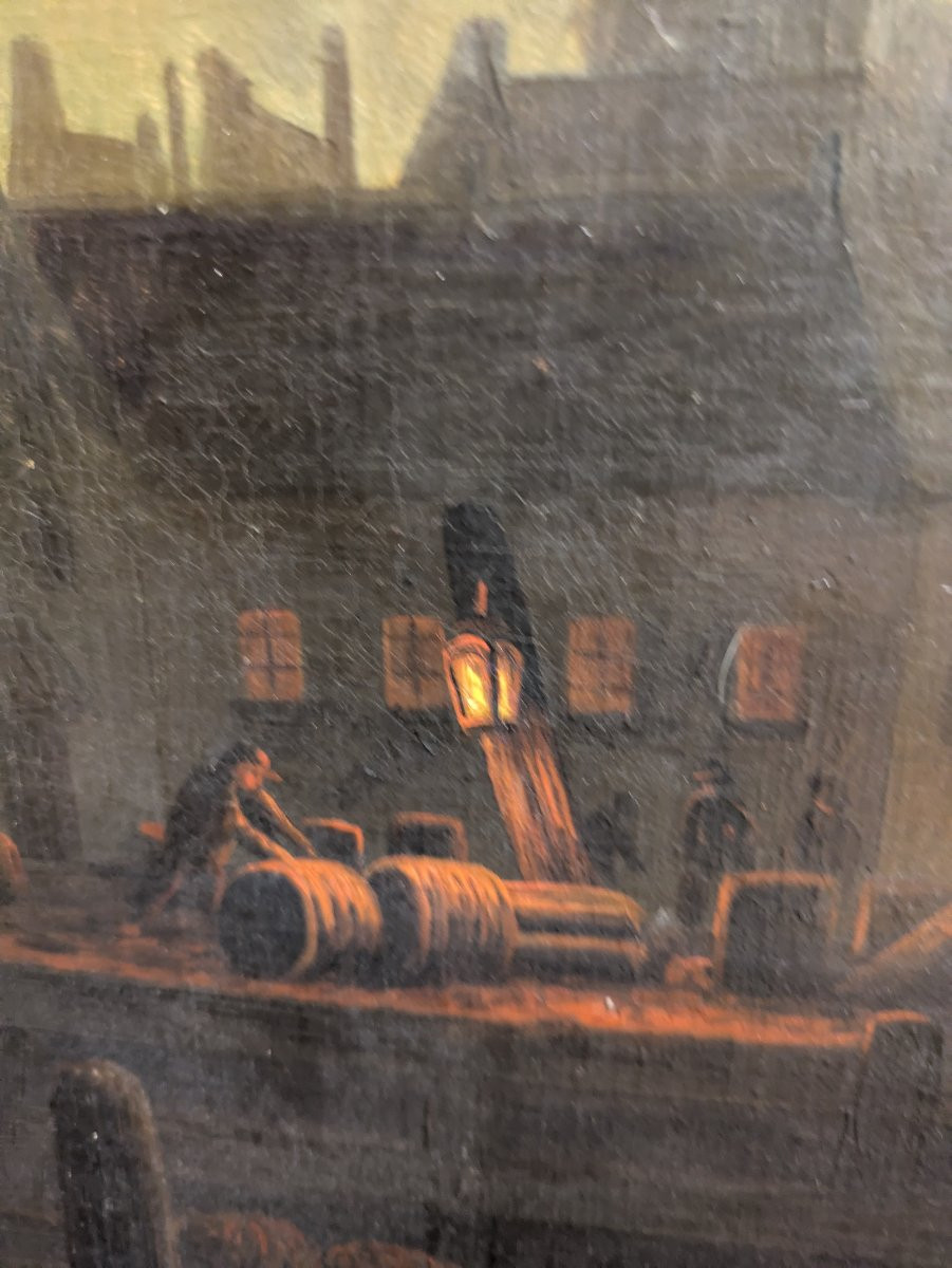 Oil On Canvas - 19th Century Dutch Marine "port In The Moonlight" By Théodor Genenger-photo-4