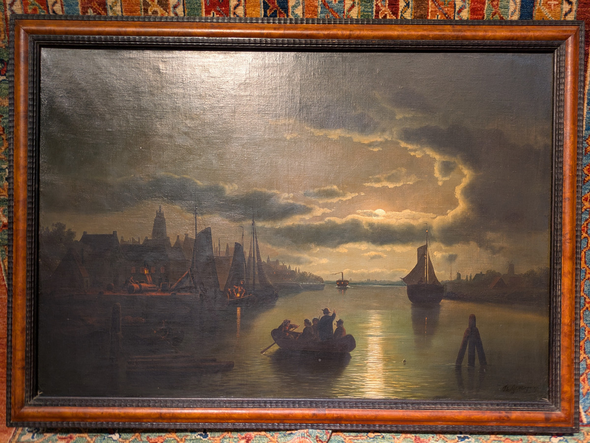 Oil On Canvas - 19th Century Dutch Marine "port In The Moonlight" By Théodor Genenger