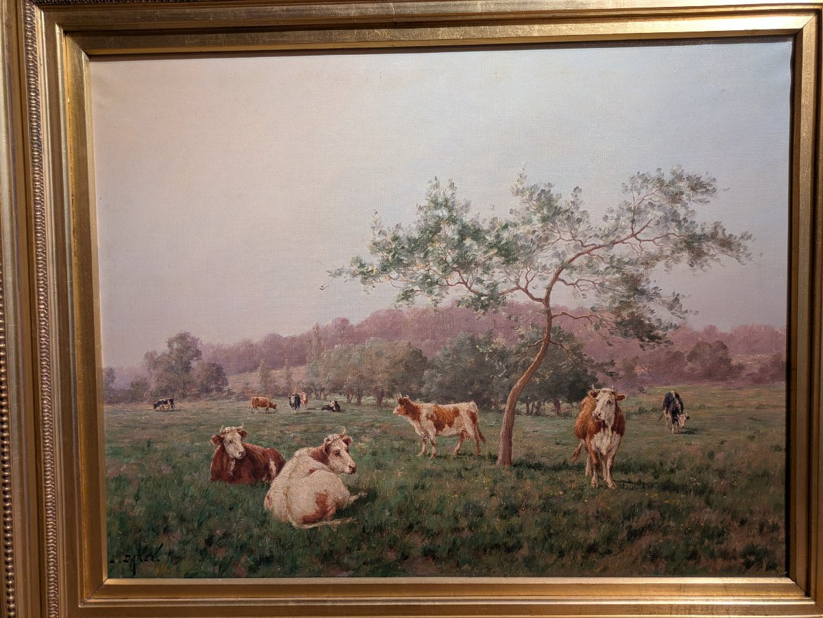 Huile Sur Toile - Scène champêtre de Vaches dans leur Paturage -  Par Louis Darey-photo-2