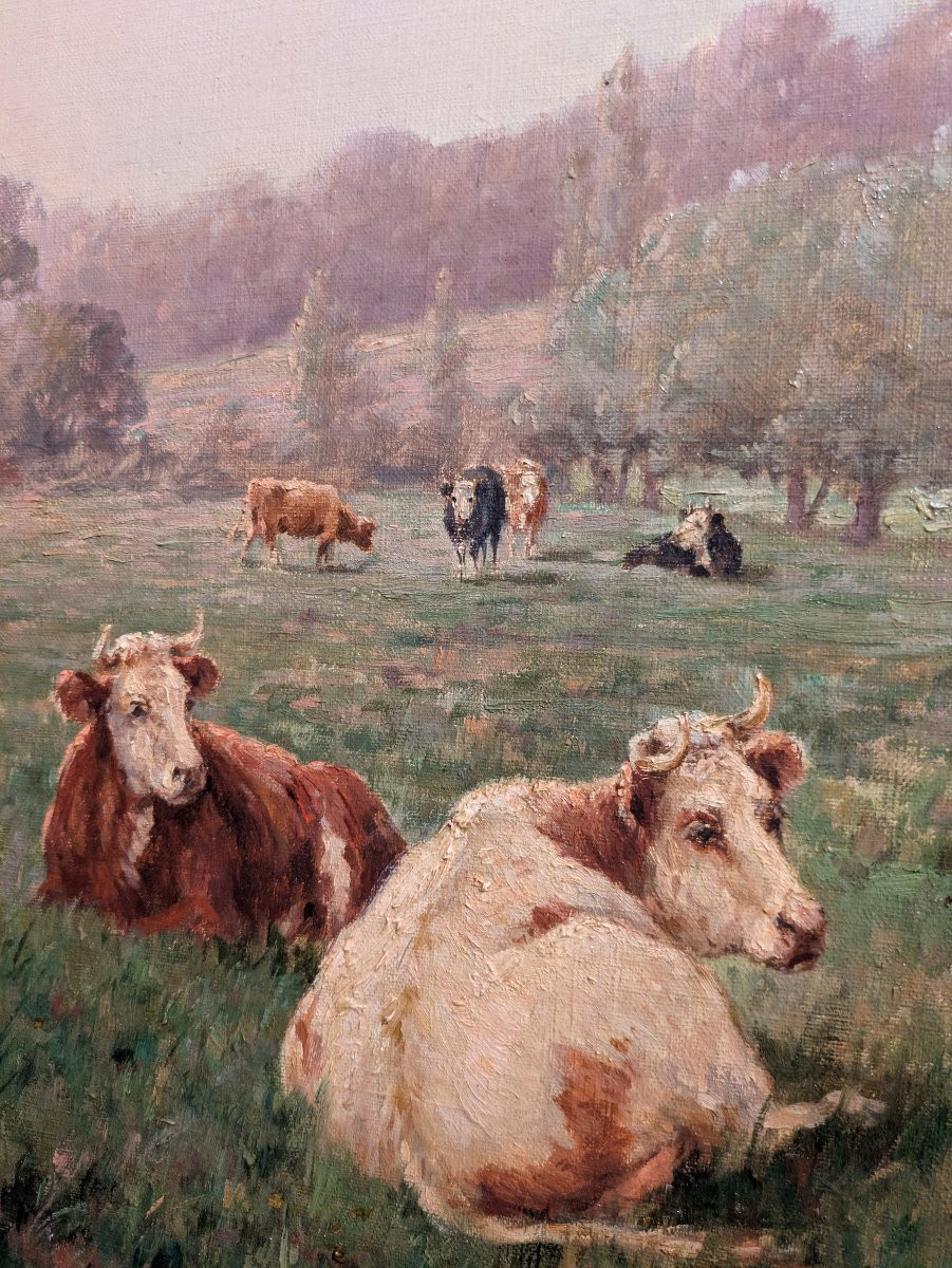 Huile Sur Toile - Scène champêtre de Vaches dans leur Paturage -  Par Louis Darey-photo-3