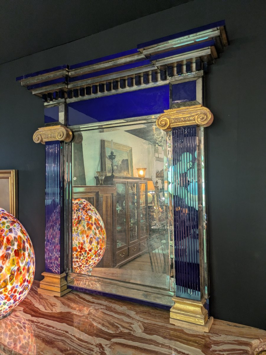 Paire de Miroirs à Colonnes en Verre de Murano Bleu Cobalt et Boiserie Dorée – Travail Italien-photo-2