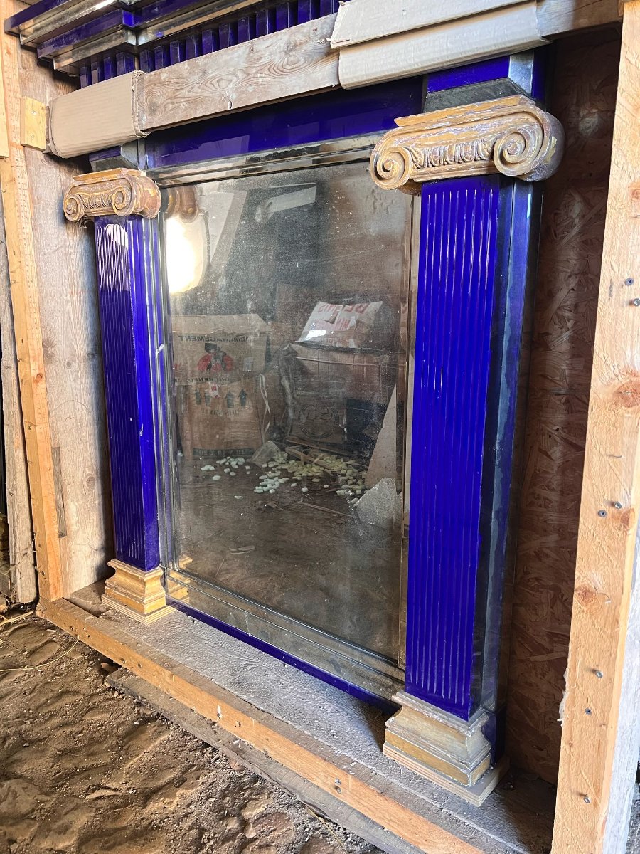 Paire de Miroirs à Colonnes en Verre de Murano Bleu Cobalt et Boiserie Dorée – Travail Italien-photo-3
