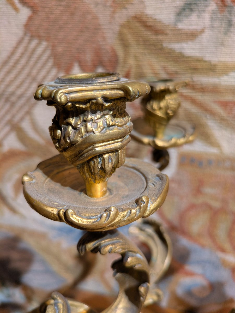 Paire de candélabres en bronze doré – Style Louis XV / Rocaille-photo-1