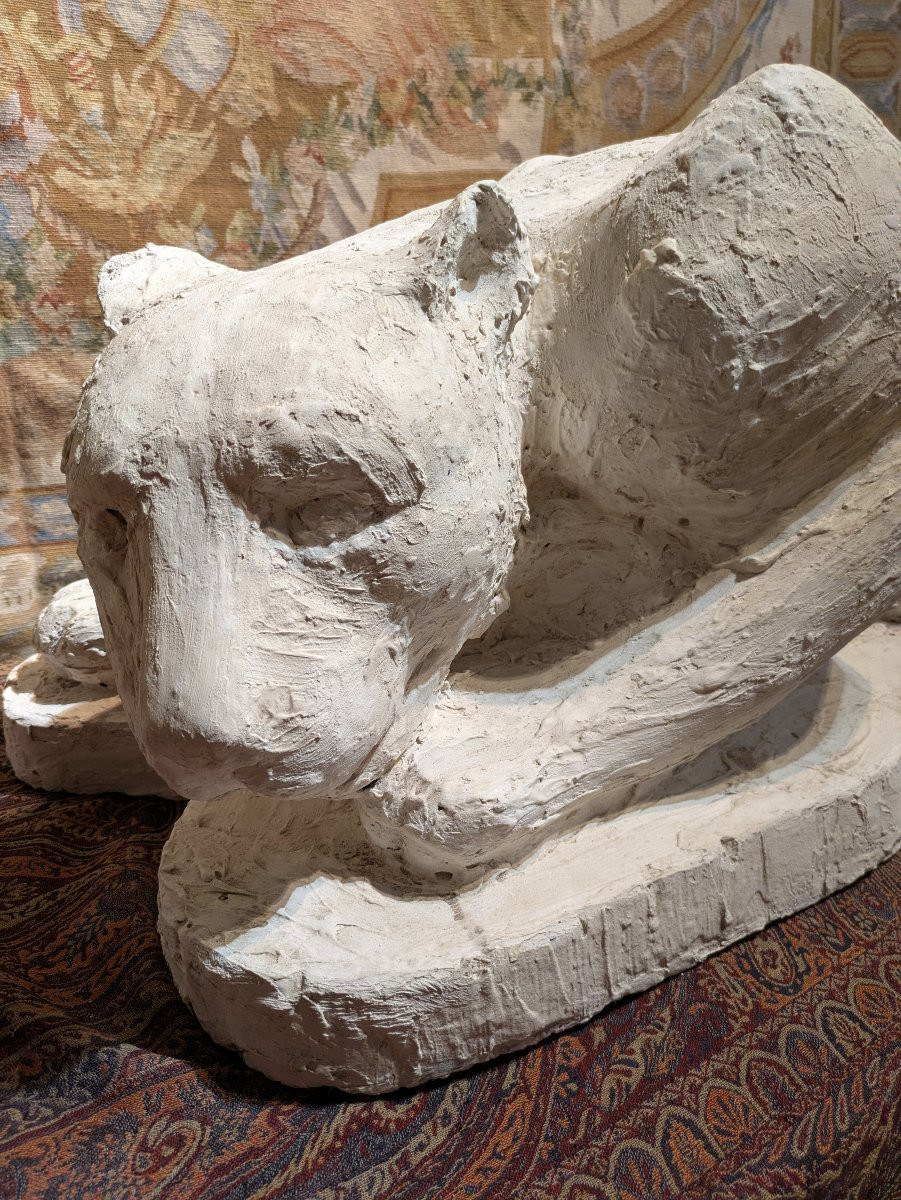Panthère Accroupie -  Sculpture en Plâtre par François Hippolyte Peyrol - XIXème siècle-photo-4