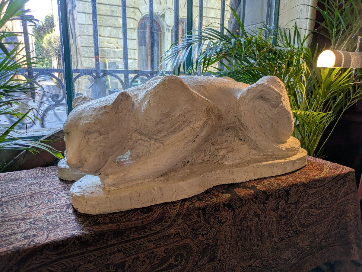 Panthère Accroupie -  Sculpture en Plâtre par François Hippolyte Peyrol - XIXème siècle-photo-3