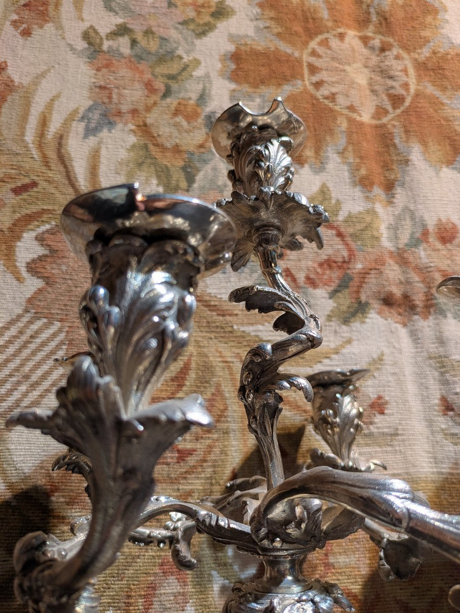 Paire de Candélabres en Bronze Argenté– Style Louis XV / Rocaille - XIXème-photo-2