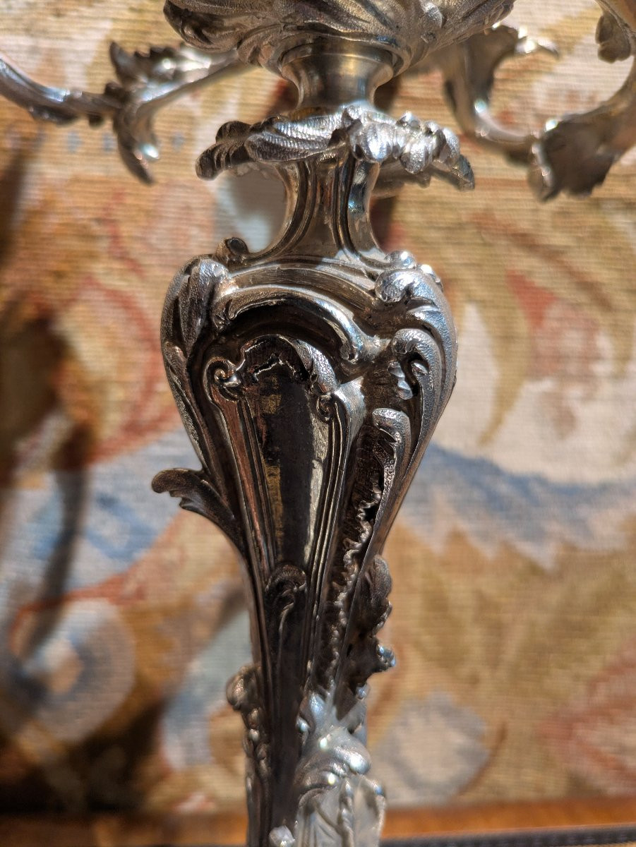 Paire de Candélabres en Bronze Argenté– Style Louis XV / Rocaille - XIXème-photo-4