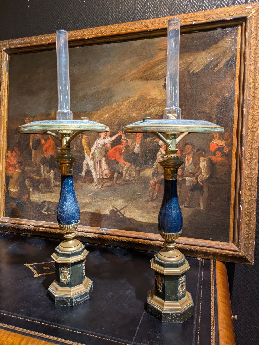 Paire de Lampes Type  Carcel – XIXᵉ Siècle - Bronze et Tôle Peinte-photo-2