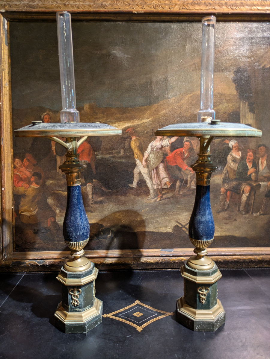 Paire de Lampes Type  Carcel – XIXᵉ Siècle - Bronze et Tôle Peinte